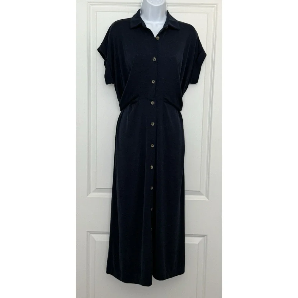 Ann Taylor LOFT Full Button Twist Tie Waist Stretch Shirt Midi Dress Navy Sz 10P